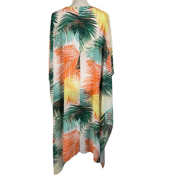 Forever 21 Contemporary Medium Midi Kimono Leaf Print Open Front Semi-Sheer Slit - Picture 5 of 8